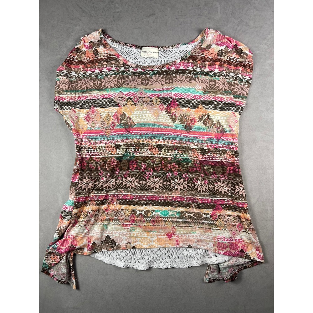 Bobbie Brooks Womens Large Pink Southwestern Geometric Split Back Lace Top USA